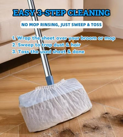 100 Pcs Disposable Broom Covers, Non-Woven Sweeper Sheets for Pet Hair Removal, Effectively Traps Dust, Lint & Hair for Floor & Carpet Cleaning, Universal Fit for Most Brooms
