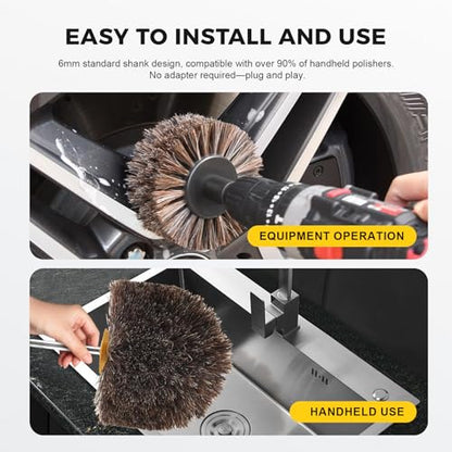 Bacar 4" Horsehair Polishing Wheel for Drill - Shoe & Leather Buffer Attachment, Soft Bristle Brush for Boots, Car Interior & Wood Care - style: Round Head