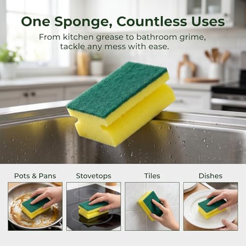 10pcs Dual-Sided Yellow & Green Cleaning Sponges - Super Absorbent, Non-Scratch Durable Polyurethane Sponges for Kitchen, Bathroom, Multi-Surface Household Cleaning