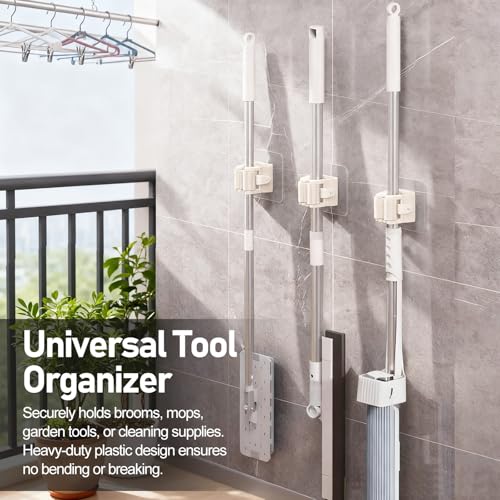4Pcs Broom Holder Wall Mount Adhesive Mop Hanger No-Drill Strong Hold Hook Waterproof Mop and Broom Organizer Space Saving Storage Rack(White) - color: Beige