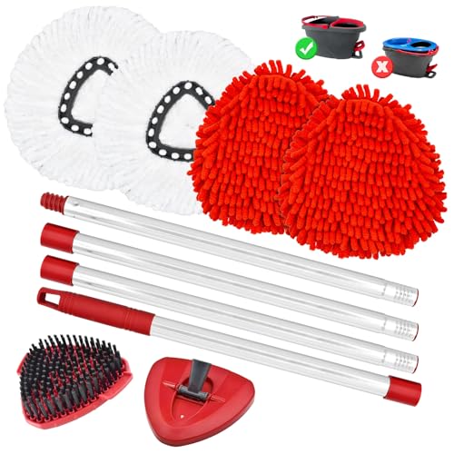 7 Packs Replacement Mop Heads& Handle Scrub Brush and Base Combo Set Compatible with O Cedar Spin Mops Refills，30-58" Mop Handle and Microfiber Head Refills for Cleaning - color: 2red+2white
