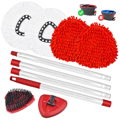 7 Packs Replacement Mop Heads& Handle Scrub Brush and Base Combo Set Compatible with O Cedar Spin Mops Refills，30-58" Mop Handle and Microfiber Head Refills for Cleaning - color: 2red+2white