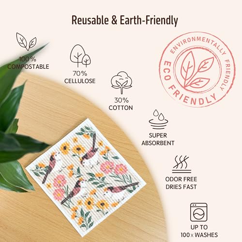 Swedish Dishcloths for Kitchen, 8 Pack Reusable Paper Towels Washable, Super Absorbent Kitchen Towels, No Odor, Biodegradable, Quick Drying, Dishwasher Safe - color: 8 Count- Flowers and Birds