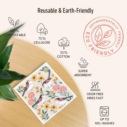 Swedish Dishcloths for Kitchen, 8 Pack Reusable Paper Towels Washable, Super Absorbent Kitchen Towels, No Odor, Biodegradable, Quick Drying, Dishwasher Safe - color: 8 Count- Flowers and Birds