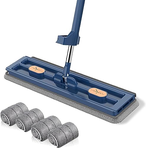 Large Flat Mop - 360° Rotating Mop with Dewatering Scraper, Djustable Stainless Steel Long Handle with 2 Microfiber Pads 12027(54" Blue,+4 Pads) - color: 54" Blue, size: +4 Pads