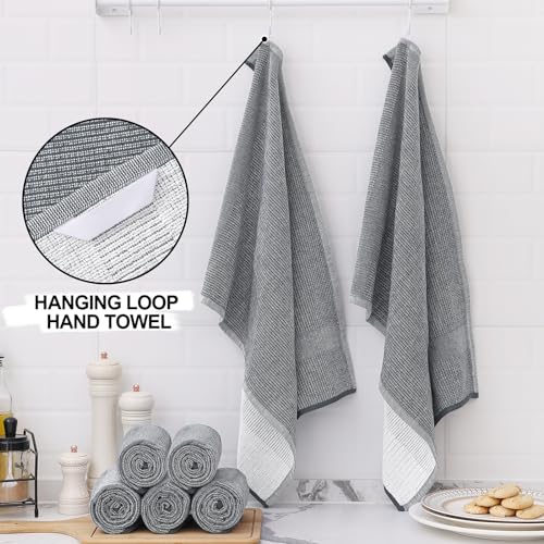 Homaxy Premium Kitchen Towels(18”x 28”, 12 Pack), Large Cotton Kitchen Hand Towels, Flat and Terry Dish Towels, 380 GSM Highly Absorbent Tea Towel Set with Hanging Loop, Grey - color: Grey, style: 12-pack