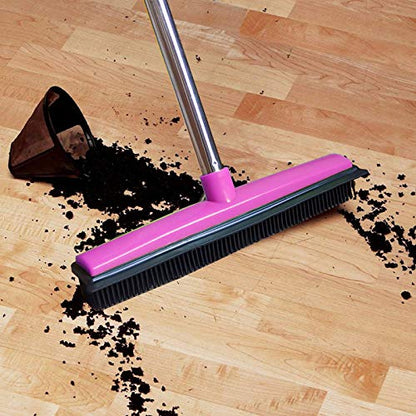 Pet Hair Removal Rubber Broom with Squeegee, Fur Remover Broom with Telescoping Long Handle for Carpet, Hardwood Floor, Tile, 12.6in (Pink) - color: Pink