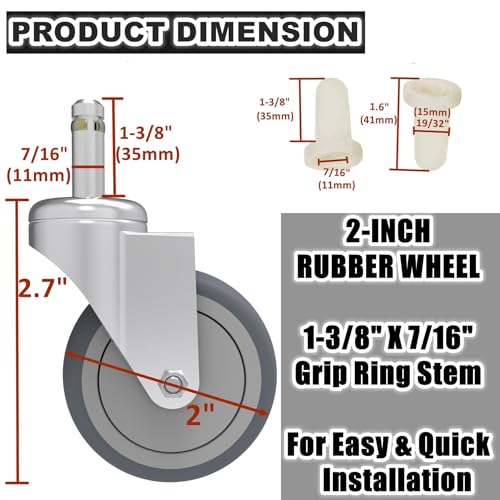 RILIDRI 2-Inch Swivel Stem Caster, 7/16-Inch Stem Diameter Rubber Wheel, Thermoplastic Rubber TPR Replacement Wheels for Weber Grill Shop Vac - 4 Pack - style: 2 Inch-125LB (No Brakes)