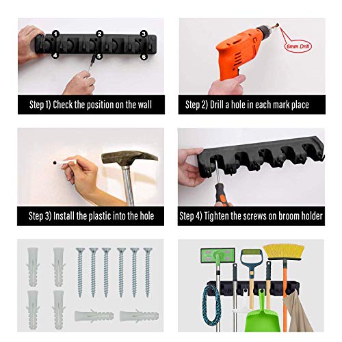 Mop and Broom Holder Wall Mount Heavy Duty Tool Organizer For Home Garden Garage And Storage (5 Positions with 6 Hooks) (Black)
