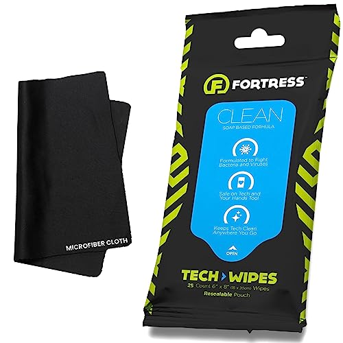 Fortress Electronic Wipes With Microfiber Cloth (25 ct.) To-Go Tech Wipes for Screens, Phones, Keyboards, TV Monitors, Computer Screens, and More [Travel Size] Skin-Safe - style: With Microfiber Cloth