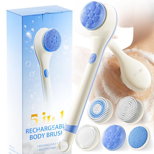 POPCHOSE Electric Body Brush for Shower with Long Handle, Waterproof | Rechargeable back scrubber with 5 interchangeable heads and 2 speeds for deep cleansing, exfoliating and massage.