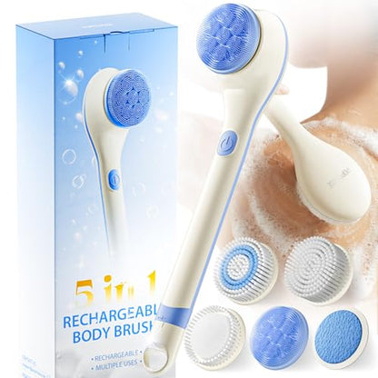 POPCHOSE Electric Body Brush for Shower with Long Handle, Waterproof | Rechargeable back scrubber with 5 interchangeable heads and 2 speeds for deep cleansing, exfoliating and massage.