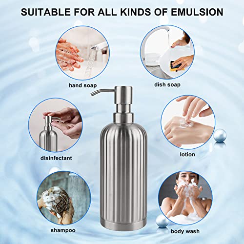 AUMIO Soap Dispenser 18 Oz with Non-Slip Coaster, Stripe Design Dish Soap Dispenser Brushed Nickel, Refillable Liquid Hand Soap Dispenser for Bathroom, Kitchen Soap Dispenser Premium Stainless Steel - color: Silver Stripes
