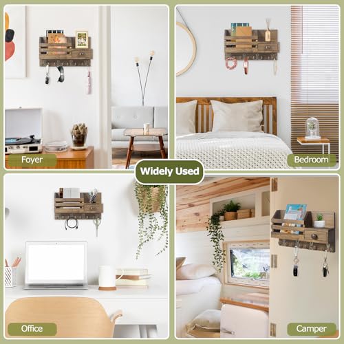 Key Holder Wall Mount, Wooden Adhesive Mail and Key Organizer with Drawer, Small Shelf, 8 Hooks, 2 Installation Methods, Brown - color: Brown