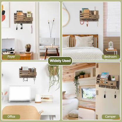 Key Holder Wall Mount, Wooden Adhesive Mail and Key Organizer with Drawer, Small Shelf, 8 Hooks, 2 Installation Methods, Brown - color: Brown