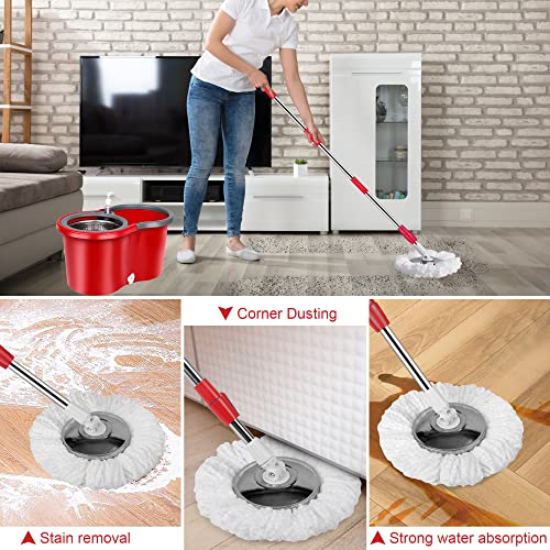 Spin Mop and Bucket with Wringer Set, 360° Spinning Mop Bucket System with 3 Microfiber Mop Replacement Heads, Adjustable Handle for Floor Cleaning (red) - color: Red
