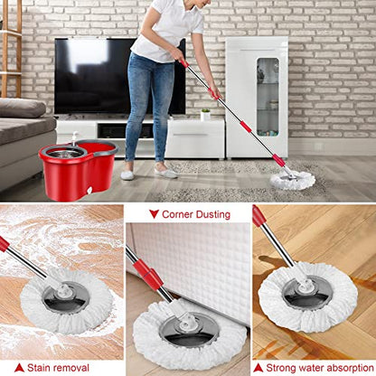 Spin Mop and Bucket with Wringer Set, 360° Spinning Mop Bucket System with 3 Microfiber Mop Replacement Heads, Adjustable Handle for Floor Cleaning (red) - color: Red