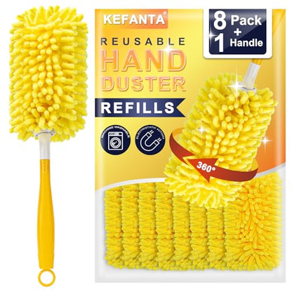 KeFanta Reusable Duster Refill for Swiffer, 360° Heavy Duty Duster Refills 8Pcs with 1 Handle, Washable Microfiber Dusters for Cleaning