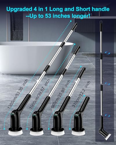 Shower Scrubber with Long Handle for Cleaning Bathroom, Electric Spin Scrubber Cleaning Brush with IPX7 Waterproof & 2Speed, 3Brush Heads, Bathroom Cleaning Supplies for Shower Tub Tile Toilet, Black - color: Black