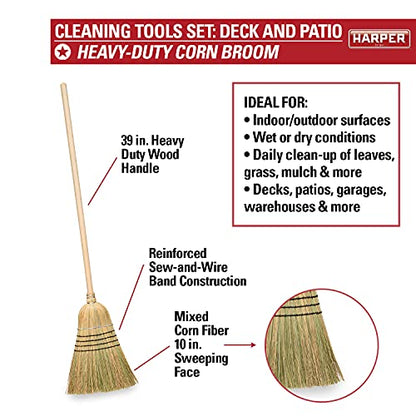 Harper 37518100 Deck/Patio Cleaning Set with 60 in. Handle Deck Brush, Heavy Duty Corn Broom, Scrubbing Brush and Long Reach Scrubbing Brush - style: Deck/Patio Cleaning Set