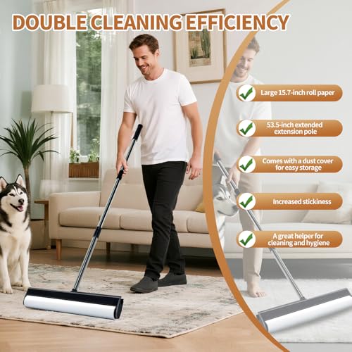 Large Lint Rollers for Carpet, 15.74 in Extra Sticky Rollers for Floor with 4 Extendable Handle, Long Handle Sticky Mop for Cleaning Carpet, Car, Clothes,Dog and Cat Pet Hair Remover with 360 Sheets
