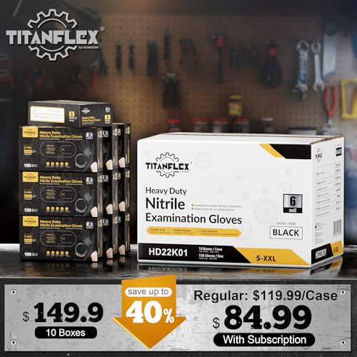TitanFlex Heavy Duty Black Nitrile Gloves, 6 Mil, Fully Textured, Mechanic Disposable Gloves, Latex Free, Powder Free - color: 07 Black (M, 1000ct)