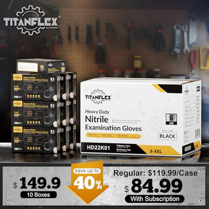 TitanFlex Heavy Duty Black Nitrile Gloves, 6 Mil, Fully Textured, Mechanic Disposable Gloves, Latex Free, Powder Free - color: 08 Black (L, 1000ct)