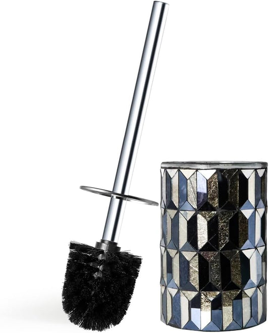 Escenzy Cute Toilet Brush and Holder Set Mosaic Glass | Non-Rustic Stainless Steel | Practical & Decorative Toilet Bowl Brush and Holder | Luxury Black and Gold Bathroom Accessories (Latest) - color: Black Gold Straight