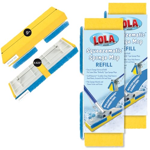 LOLA Squeeze Matic Butterfly Sponge Mop Refill, 9", 2 Pack Replacement Head, Floor Cleaning, Comparable w/Quickie Type S Sponge Mop Refill - size: 2 Pack, style: Foam Sponge