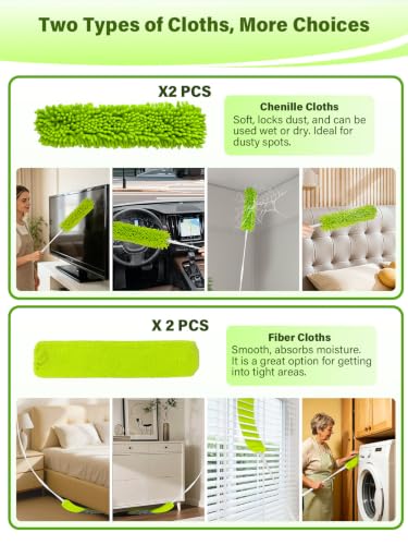 Bend-Free Gap Dust Cleaner Cleaning Tools Washable Flat Duster Brush with 4 Microfiber Chenille Dusting Cloths Long Handle 56 inches for Cleaning Under Appliances Furniture Couch Bed Fridge Ceilings