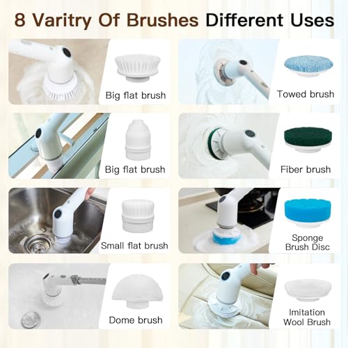 Electric Spin Scrubber, Cordless Cleaning Brush with 8 Replaceable Brush Heads, 3 Adjustable Bathroom Scrubber Speed Up to 450 RPM - color: Black