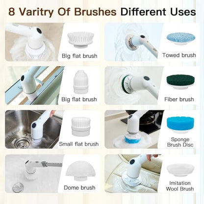 Electric Spin Scrubber, Cordless Cleaning Brush with 8 Replaceable Brush Heads, 3 Adjustable Bathroom Scrubber Speed Up to 450 RPM - color: Black