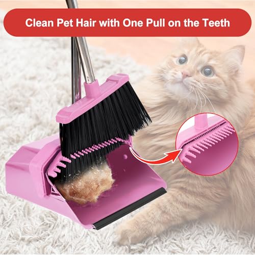 Tiumso Broom with Dustpan Combo Set, 51'' Broom and Dustpan Set, Brooms and Dust Pan with Handle, Brooms with Standing Dustpans, House Broom for Pets Hair and Floor Cleaning - Pink - color: Pink
