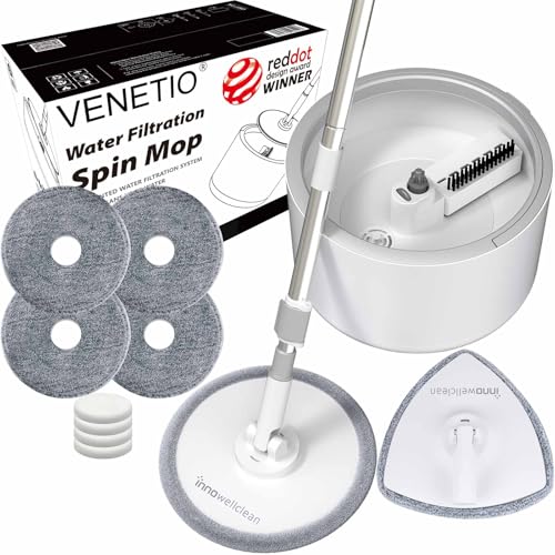 VENETIO Innowellclean Spin Mop and Bucket Set with Water Filtration System | Self-Cleaning, Dry/Wet 3-in-1 Microfiber Mop for Floor Cleaning, Home, Kitchen Hardwood, Laminate (5 Pads & Triangle Head) - style: SG01 - 5 Pads and Triangle Head
