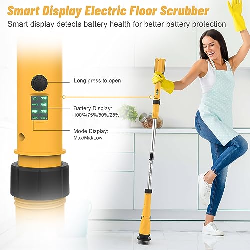 Qimedo Upgrade 1200 RPM Battery Electric Spin Scrubber, Highly Powerful Cordless Cleaning Brush with Smart Display, Electric Tile Floor Scrubber with 8 Brushes, Battery Powered Shower Scrubber