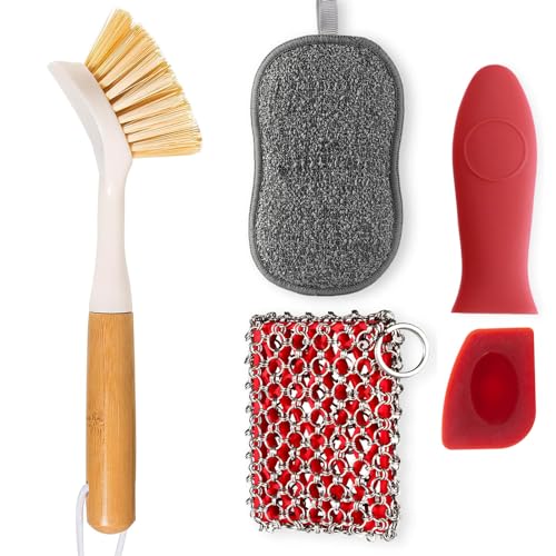 TEZZ 5 Pieces Cast Iron Cleaner Kit Include Stainless Steel Chainmail Scrubber, Dish Scrub Brush, Dual Sided Kitchen Dish Scrubber Sponge, Hot Handle Holder For Cleaning Cast Iron Skillets, Pot & Pans