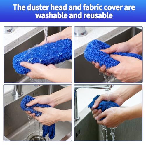 Cobweb Duster with Extension Pole, Washable Cleaning Duster Kit with 3 Duster Heads, Cobweb Duster, Corner Brush, Gap Dust Cleaner, Telescoping Pole for Ceiling Fan, Long Duster for high Ceilings