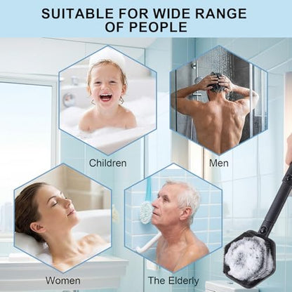 Silicone Back Scrubber for Shower, 21'' Extendable Dual-Sided Long Handle Bath Brush for Exfoliating & Massage, Non-Slip Grip, Gentle & Deep Cleansing Body Brush for Men Women