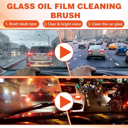 2PCS Glass Emulsion Cleaner & Glass Oil Film Remover for Cars – Roll-On Glass Guard with Brush,Handle Oil Film Remover&Windshield Cleaner For Cars Window,Removes Oil Film & Smudges,Anti- Fog Brush