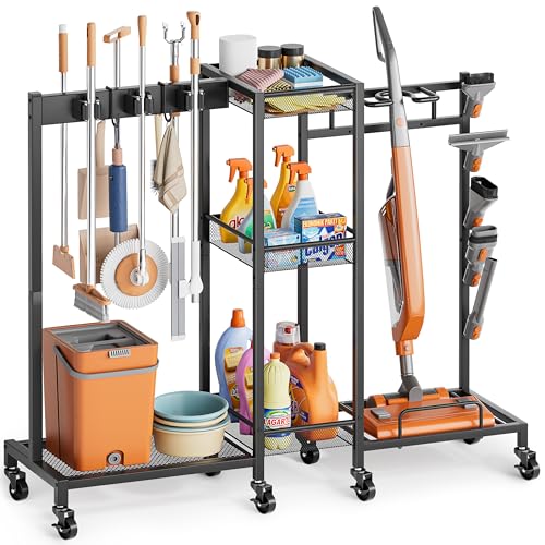 Broom Holder with Cleaning Supplies Organizer, Broom Closet Storage Cabinet with Cleaning Caddy Vacuum Stand, Cleaning Cart with Mop Hanger Gripper Rack Hook, Laundry Room Organization Home Essentials - color: Black
