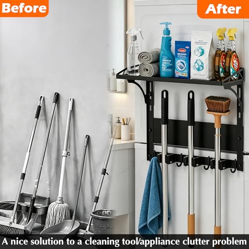 MUTUACTOR Heavy Duty Magnetic Broom Holder,Anti-slip Magnetic Tool Rack with Top Utility Shelf, Easy Assembly Broom Mop Organizer for Refrigerator Metal Cabinet Laundry Room Kitchen,3-Clamps 4-Hooks - style: Heavy Duty Broom Holder with Shelf,1PCS