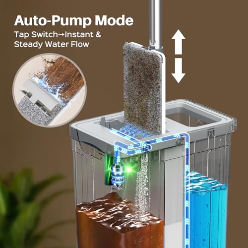 Mop and Bucket Set with AUTO Pump, 3-Zone Separate Dirty and Clean Water, Flat Mop and Bucket System with Wringer and Wheels, 4 Reusable Microfiber Pads, One-Touch Water Filling for Home Cleaning - size: mop bucket set + 4 pads