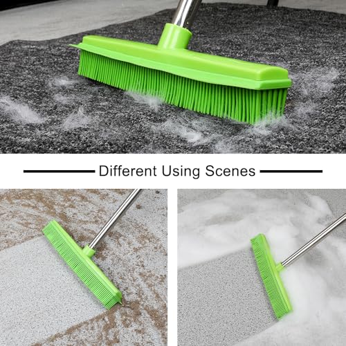 Rubber Broom and Dustpan Set,Pet Hair Removal Rubber Broom with Squeegee and Stainless Steel Dust Pan,Carpet Rake Push Broom and Dustpan for Fluff Hardwood Floor Tile (Green) - color: Green