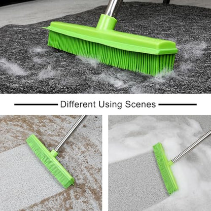 Rubber Broom and Dustpan Set,Pet Hair Removal Rubber Broom with Squeegee and Stainless Steel Dust Pan,Carpet Rake Push Broom and Dustpan for Fluff Hardwood Floor Tile (Green) - color: Green