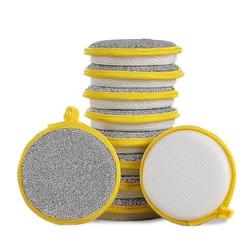 Double-Sided Non-Scratch Dish Sponge Scrubber - Reusable Round Scouring Pads for Dishes, Pots & Pans, Kitchen Sink Cleaning Tool (10)