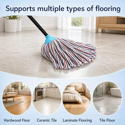 Indoor Cotton Mops for Floor Cleaning, 52" Long Handle Cotton Mop, Cleaning Mops for Tiles and Hardwood Floor, Household Mop for Kitchen, Bathroom, Garage, Tile & Hardwood Floors（Red Blue White）