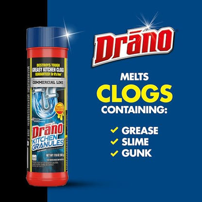 Drano Kitchen Granules Drain Clog Remover and Cleaner, Unclogs Blockage from Grease or Cooking Oil, Commercial Line, 17.6 Oz - size: 17.6 Oz (Pack of 1)