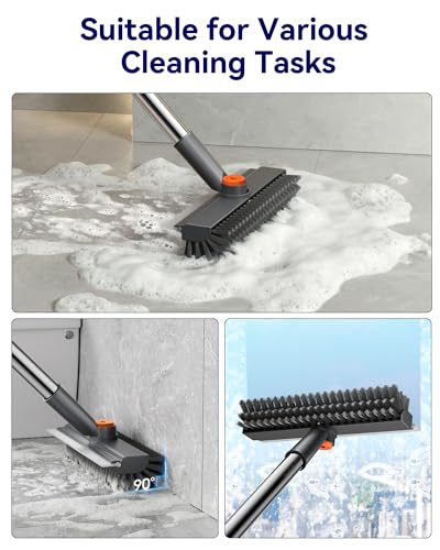 Small Floor Scrub Brush with Length Adjustable Long Handle, 3 in 1 Heavy-Duty Stiff Bristle Scrubber Brush with Squeegee and Tweezer for Cleaning Bathroom, Tile, Deck, Patio, Garage and Kitchen - color: Gray