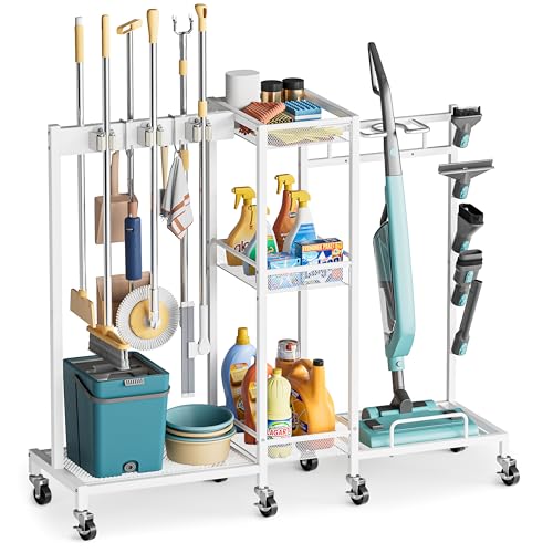 Broom Holder with Cleaning Supplies Organizer, Broom Closet Storage Cabinet with Cleaning Caddy Vacuum Stand, Cleaning Cart with Mop Hanger Gripper Rack Hook, Laundry Room Organization Home Essentials - color: White