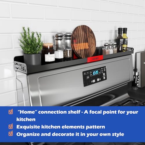 STUTOV 30" Magnetic Stove Top Shelf – Black Spice Rack with Red HOME Design – Seasoning Organizer for Back of Stove – Over Stove and Kitchen Storage Shelf - color: Black with Red HOME